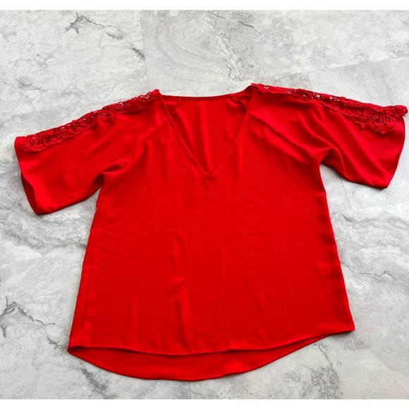 Francesca's V Neck Crochet Sleeve Red Blouse Top Size Small S Loose - Picture 1 of 5
